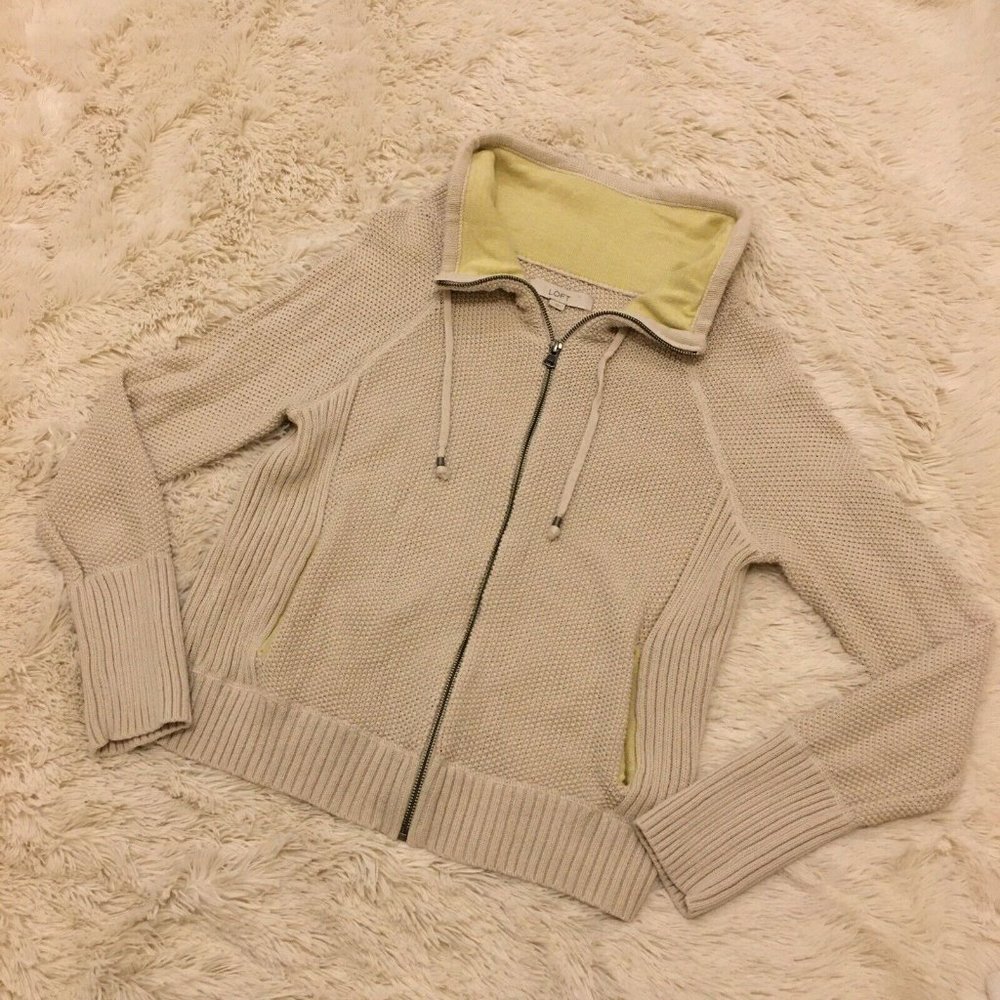 LOFT Ribbed Full Zip Knit Cream Mock Drawstring